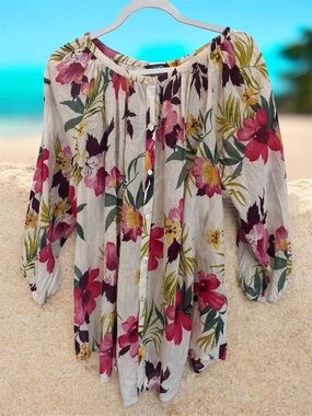 Ralph Lauren Chaps Women’s Floral Gauzy Shirt Long Sleeve Tropical Blouse Top 1X